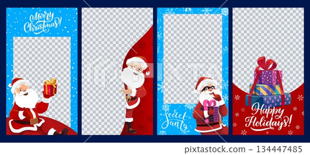 Christmas photo frames and social media templates with funny Santa, cartoon vector. Christmas photo frames for winter holidays with secret Santa in a mask with gifts and snowflakes or snow in frames 134447485