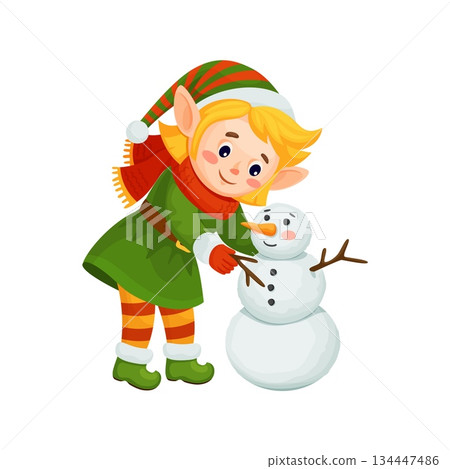 Christmas holiday elf girl cartoon adorable character. Winter holiday elf cheerful mascot, Xmas celebration Santa Claus helper happy vector character. Christmas Elf girl cute personage making snowman 134447486