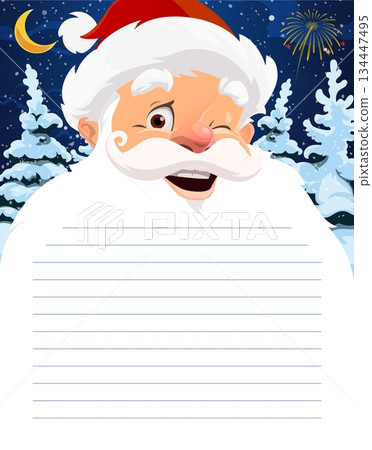 Christmas wishlist letter with Santa face and white beard for winter holiday, cartoon vector. Christmas wish list letter to Santa for gifts and presents on Santa beard with fireworks and snowy forest Christmas wishlist letter with Santa face and white beard for winter holiday, cartoon vector. Christmas wish list letter to Santa for gifts and presents on Santa beard with fireworks and snowy forest 134447495