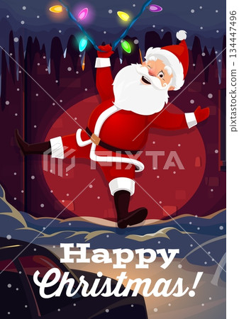 Christmas greeting card with cartoon Santa hanging from outdoor house garland and winking. Bright light shining on Santa with festive holiday atmosphere. December greetings with cute character Christmas greeting card with cartoon Santa hanging from outdoor house garland and winking. Bright light shining on Santa with festive holiday atmosphere. December greetings with cute character 134447496