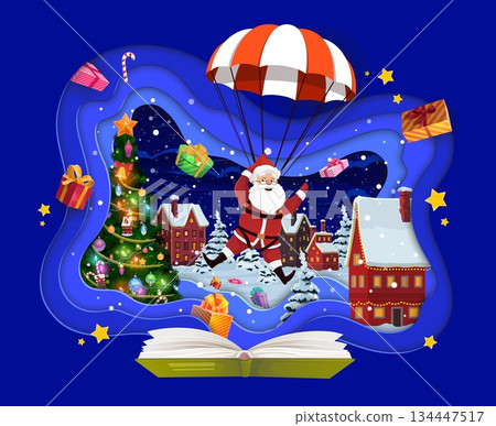 Christmas winter fairytale paper cut greeting card with Santa parachuting down while gifts fall from sky. Cartoon vector card with decorated winter city, Christmas tree, and fun cartoon character Christmas winter fairytale paper cut greeting card with Santa parachuting down while gifts fall from sky. Cartoon vector card with decorated winter city, Christmas tree, and fun cartoon character 134447517