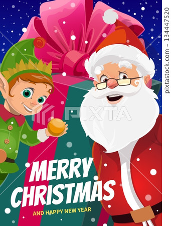 Merry Christmas holiday greeting card with Santa Claus and elf with big gift box, cartoon vector. Christmas and Happy New Year greetings for winter holiday with Santa, elf with Xmas bauble decoration Merry Christmas holiday greeting card with Santa Claus and elf with big gift box, cartoon vector. Christmas and Happy New Year greetings for winter holiday with Santa, elf with Xmas bauble decoration 134447520
