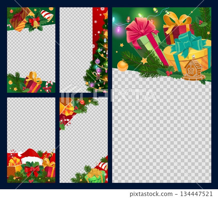 Winter holidays and Christmas photo frames, media post templates with gift, garland, and poinsettia decorations. Vector festive borders with candy canes, bells, and fir branches for holiday selfies Winter holidays and Christmas photo frames, media post templates with gift, garland, and poinsettia decorations. Vector festive borders with candy canes, bells, and fir branches for holiday selfies 134447521