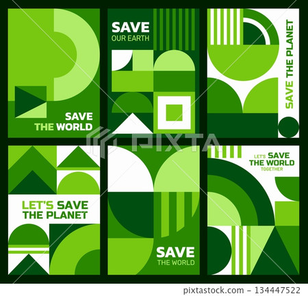 Save the Earth posters with geometric Bauhaus patterns. Environment protection and ecology saving vector banners or flyers. Save planet nature, Earth day posters with abstract Bauhaus shapes pattern Save the Earth posters with geometric Bauhaus patterns. Environment protection and ecology saving vector banners or flyers. Save planet nature, Earth day posters with abstract Bauhaus shapes pattern 134447522