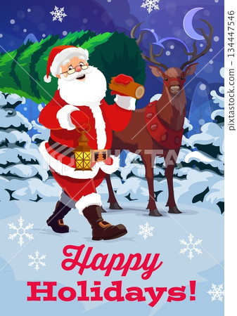 Merry Christmas and Happy Holidays greeting card with Santa and reindeer, cartoon vector. Christmas greetings for winter holiday, deer and Santa carry Xmas tree from night snowy forest with snowflakes 134447546