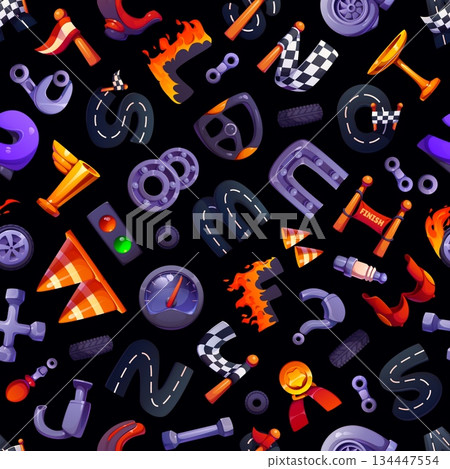 Cartoon racing font letters seamless pattern in car speed races design, vector background. Racing font seamless pattern of speedometer and fire letters, engine gears and car parts with checkered flag Cartoon racing font letters seamless pattern in car speed races design, vector background. Racing font seamless pattern of speedometer and fire letters, engine gears and car parts with checkered flag 134447554