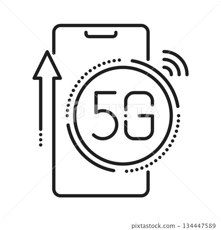 5G mobile smartphone broadband line icon or pictogram. 5G network outline pictogram, fast speed communication lineart vector symbol. Mobile signal transmission icon with mobile cellphone device 5G mobile smartphone broadband line icon or pictogram. 5G network outline pictogram, fast speed communication lineart vector symbol. Mobile signal transmission icon with mobile cellphone device 134447589