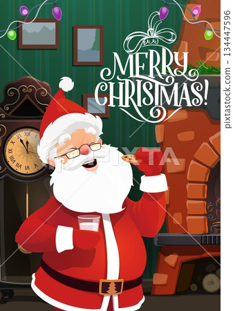 Merry Christmas greeting card showing Santa eating cookies and drinking milk by fireplace. Cartoon vector postcard features cozy interior with floor clock and Merry Christmas text. Xmas wishes Merry Christmas greeting card showing Santa eating cookies and drinking milk by fireplace. Cartoon vector postcard features cozy interior with floor clock and Merry Christmas text. Xmas wishes 134447596