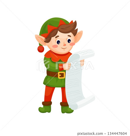 Christmas holiday elf cartoon cheerful character. Winter celebration Santa Claus helper happy personage, Christmas holiday elf cheerful vector character, isolated vector mascot reading long wish list Christmas holiday elf cartoon cheerful character. Winter celebration Santa Claus helper happy personage, Christmas holiday elf cheerful vector character, isolated vector mascot reading long wish list 134447604