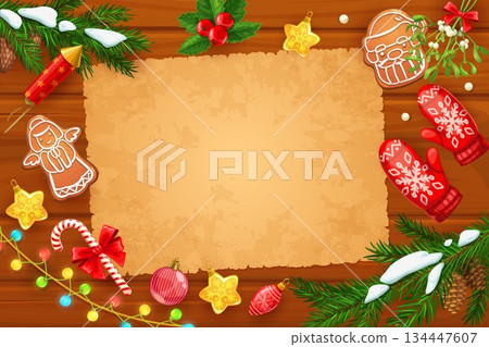 Christmas old scroll parchment with winter Xmas holiday decorations and sweets, vector greeting card. Christmas scroll or blank parchment letter with gingerbread cookies, holly Xmas baubles frame Christmas old scroll parchment with winter Xmas holiday decorations and sweets, vector greeting card. Christmas scroll or blank parchment letter with gingerbread cookies, holly Xmas baubles frame 134447607
