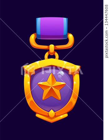 Golden shield game medal award icon decorated with a purple glossy plate and central star. Wide purple ribbon with golden elements attaches the award at the top. Cartoon vector metal prize for games 134447608