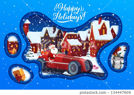 Merry Christmas and winter holidays paper cut greeting card with Santa Claus on racing car, cartoon vector. Christmas greetings with Santa driving sport car and gifts in paper cut winter town village 134447609