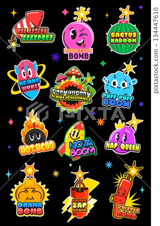 TNT bomb Y2K vintage stickers and dynamite retro patch labels, cartoon vector set. Bomb stickers with funny faces and burning wicks, bubble gum or cactus bomb with dynamite bang boom for retro patches 134447610