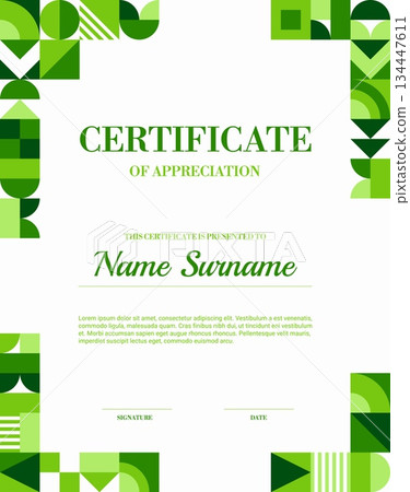 Diploma certificate of appreciation with geometric Bauhaus pattern. Environment saving vector award document, nature protection diploma. Ecology business certificate with Bauhaus green pattern 134447611