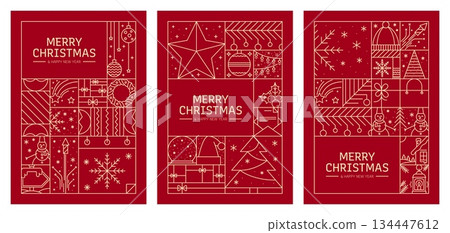 Merry Christmas and Happy New Year line posters with Xmas decorations. Vector Christmas holiday gifts and snowflakes, Xmas tree, lights and ornaments red white line pattern background posters set Merry Christmas and Happy New Year line posters with Xmas decorations. Vector Christmas holiday gifts and snowflakes, Xmas tree, lights and ornaments red white line pattern background posters set 134447612