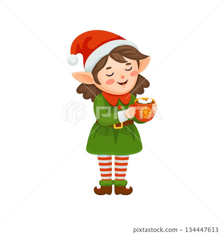 Christmas holiday elf girl cartoon fairy cheerful character. Santa Claus girl helper cute character, Xmas celebration fairytale cheerful vector mascot. Merry Christmas elf personage drinking hot cocoa Christmas holiday elf girl cartoon fairy cheerful character. Santa Claus girl helper cute character, Xmas celebration fairytale cheerful vector mascot. Merry Christmas elf personage drinking hot cocoa 134447613
