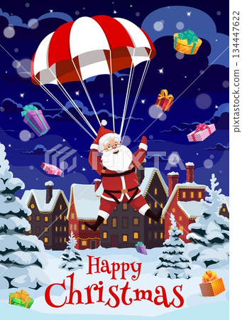 Merry Christmas holiday greeting card with Santa on parachute, cartoon vector. Winter holiday Christmas greetings with Santa flying on parachute and falling gifts on village town in snowy forest Merry Christmas holiday greeting card with Santa on parachute, cartoon vector. Winter holiday Christmas greetings with Santa flying on parachute and falling gifts on village town in snowy forest 134447622