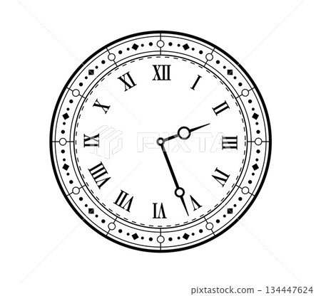 Vintage clock face retro dial with Roman numerals of old time watches, vector icon. Vintage clock face with classic hour and minute hand arrows, pocket watches clockface of stopwatch chronometer 134447624