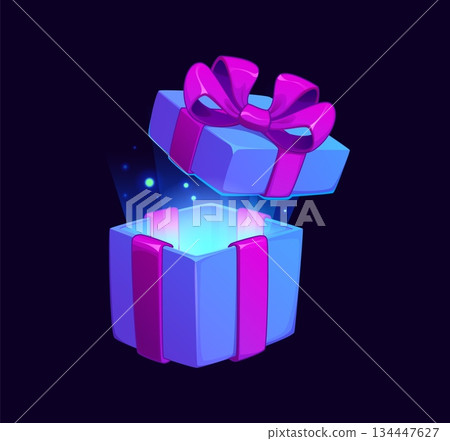 Cartoon opened gift box game icon or item. PC game victory prize vector icon, videogame reward item. Computer gaming or arcade object of blue opened box glowing inside, decorated pink ribbon bow 134447627