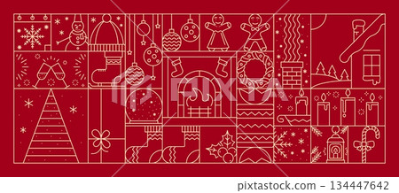 Christmas holiday line background with Xmas ornaments and decorations, vector icons. Christmas and New Year winter holiday thin line art bauble with wreath and Santa gifts with snowman and socks Christmas holiday line background with Xmas ornaments and decorations, vector icons. Christmas and New Year winter holiday thin line art bauble with wreath and Santa gifts with snowman and socks 134447642