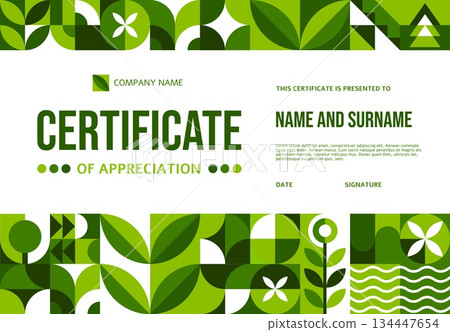 Ecology diploma certificate with geometric Bauhaus pattern. Environment protection Bauhaus abstract shapes vector certificate, ecology sustainability diploma. Nature saving official award letter Ecology diploma certificate with geometric Bauhaus pattern. Environment protection Bauhaus abstract shapes vector certificate, ecology sustainability diploma. Nature saving official award letter 134447654