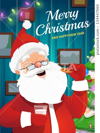 Merry Christmas greeting card Santa Claus with milk and cookie for winter holiday, cartoon vector. Christmas and New Year greetings for winter holiday with happy Santa eating chocolate cookie biscuit Merry Christmas greeting card Santa Claus with milk and cookie for winter holiday, cartoon vector. Christmas and New Year greetings for winter holiday with happy Santa eating chocolate cookie biscuit 134447660
