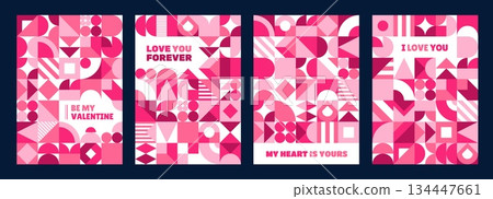 Valentine day holiday greeting cards with geometric shapes pattern, vector posters. Valentine day, wedding or marriage greeting cards with love forever quotes and abstract geometric or mosaic shapes 134447661