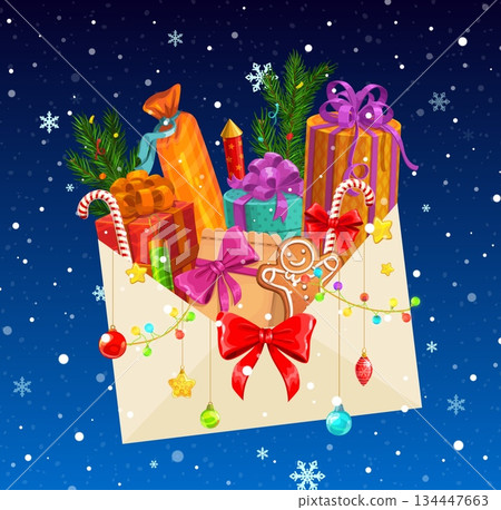 Christmas letter envelope with Xmas cookies, gifts and candies. Vector open envelope features pine branches, and garlands on blue background with falling snow. Winter greetings and holiday mail 134447663