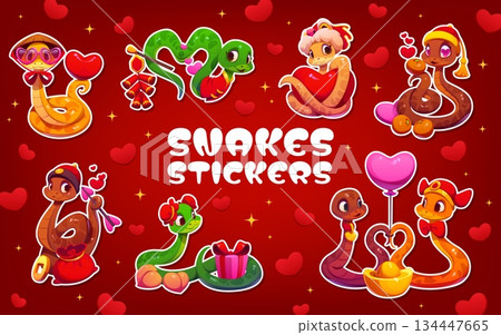 Asian cute snake animal characters stickers. Japanese reptile animal personages vector tag. Asian snake character patch or sticker with fireworks petard, heart balloon, gifts, fruits and golden charms 134447665