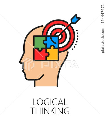 Logical thinking cognitive ability color line icon or label. Cognitive ability vector icon, brain function symbol. Logical thinking mental capability sign with human head silhouette, puzzle and target Logical thinking cognitive ability color line icon or label. Cognitive ability vector icon, brain function symbol. Logical thinking mental capability sign with human head silhouette, puzzle and target 134447671