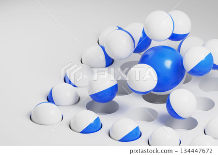 3d abstract white circular depression texture and blue plastic spheres. Geometric background with cells and balls bounce off surface for business concept. Dynamic and creative banner. 3D illustration 134447672