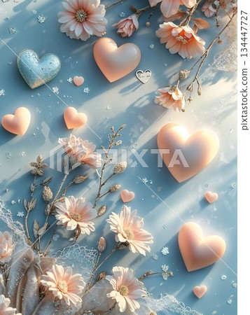 浪漫的花卉背景,心形和花朵在藍色背景上飛舞 浪漫的花卉背景,心形和花朵在藍色背景上飛舞 134447727