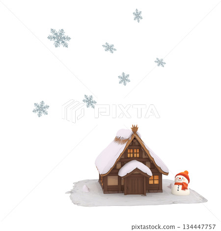 Snowman, winter scenery of an old house in the north, and snow crystals Snowman, winter scenery of an old house in the north, and snow crystals 134447757