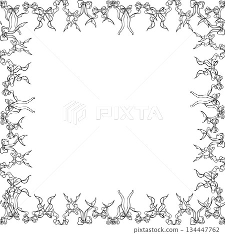 Ribbon loops and delicate bows with long elegantly curved tails framing square composition. Hand drawn vector illustration in pen and ink. Wedding layout, celebration decor, Valentine label. 134447762