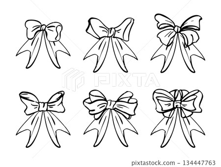 Assorted ribbon bows in minimalist flat style with clean contours, vintage multiple loops. Vector illustration hand drawn in ink. Web icons, Christmas festive labels, and light packaging graphics. 134447763