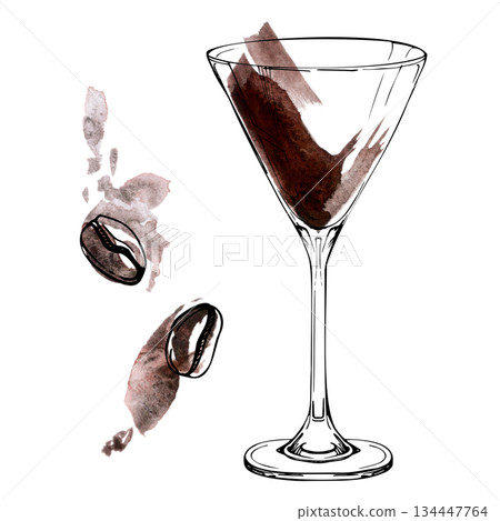 Classic Espresso Martini cocktail in glass, chocolate splatter, coffee beans garnish. Ink outline and watercolor shading, isolated hand-drawn illustration for digital art, packaging, culinary layouts. 134447764