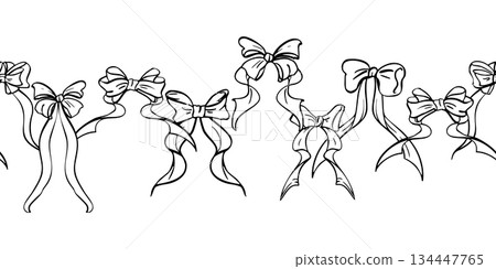 Soft tied ribbon bow garland with looping ends and trailing ribbons. Seamless banner isolated illustration hand drawn in ink. For romantic stationery, weddings, baby showers, feminine branding. Soft tied ribbon bow garland with looping ends and trailing ribbons. Seamless banner isolated illustration hand drawn in ink. For romantic stationery, weddings, baby showers, feminine branding. 134447765