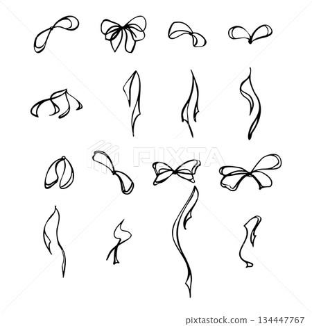 Assorted elegant ribbon bows and tail ends, thin string line in doodle sketch style. Vector isolated clipart set hand drawn in ink for sophisticated packaging, invitation decor, and gift wrap designs. Assorted elegant ribbon bows and tail ends, thin string line in doodle sketch style. Vector isolated clipart set hand drawn in ink for sophisticated packaging, invitation decor, and gift wrap designs. 134447767