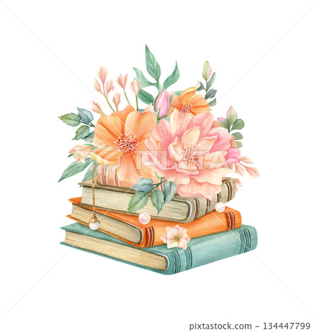 Flowers on stack of books. Cozy spring summer floral composition with peony, freesia, leaves, pearl and vintage literature. Watercolor hand drawn isolated illustration. Blooming still life art Flowers on stack of books. Cozy spring summer floral composition with peony, freesia, leaves, pearl and vintage literature. Watercolor hand drawn isolated illustration. Blooming still life art 134447799