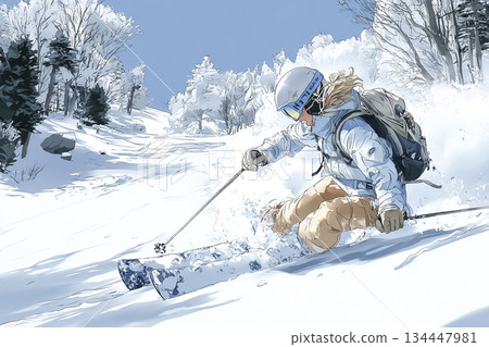 冬季雪景：滑雪高手們在雪山上飛馳而下。 134447981