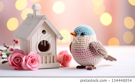 Crochet Bird Doll with Mini Birdhouse and Roses 134448054