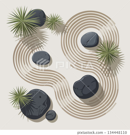 Serene Japanese Zen garden with winding stone path and lush greenery 134448110