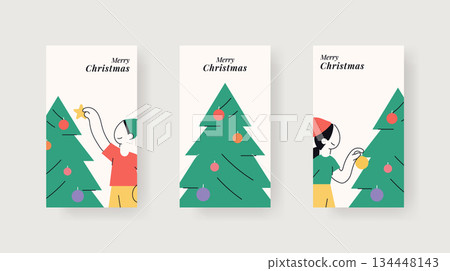 Minimal Christmas poster set with people decorating christmas tree. Minimal Christmas poster set showing people decorating a Christmas tree in flat modern style. Minimal Christmas poster set with people decorating christmas tree. Minimal Christmas poster set showing people decorating a Christmas tree in flat modern style. 134448143