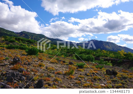 View of Mount Sandan and Mount Furano from Bogakudai in Biei, Hokkaido 134448173