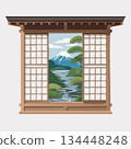 Serene Japanese landscape view from traditional window with Mount Fuji 134448248