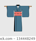 Vibrant blue traditional Japanese kimono with salmon pink obi sash 134448249