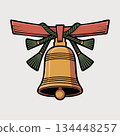 Vibrant illustration of a traditional golden bell with green tassels 134448257