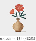 Beautiful clay vase with vibrant orange flowers on white background 134448258