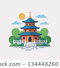 Vibrant Asian pagoda temple with blue roof and stairs 134448260