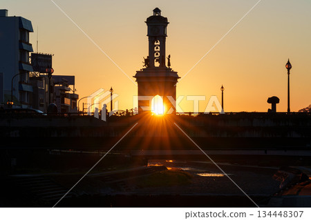 December morning glow in Hadano - Clock tower at Mahoroba Bridge 134448307
